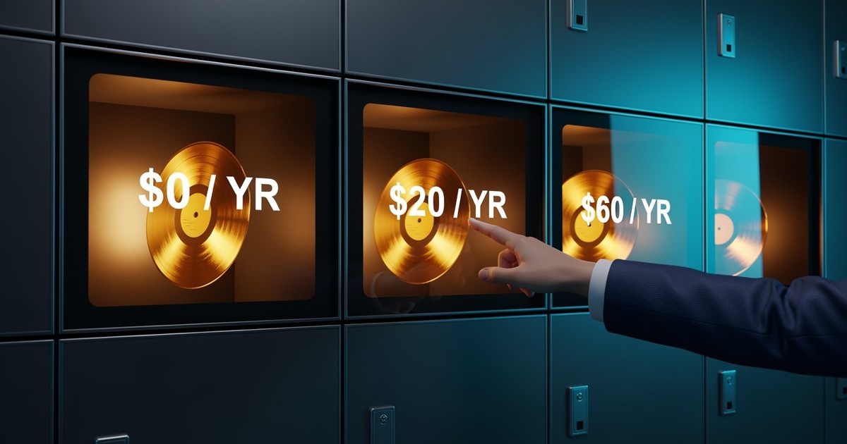 A close-up of a sleek, high-tech distribution automat wall with glass lockers containing glowing vinyl records and price tags of $0, $20,