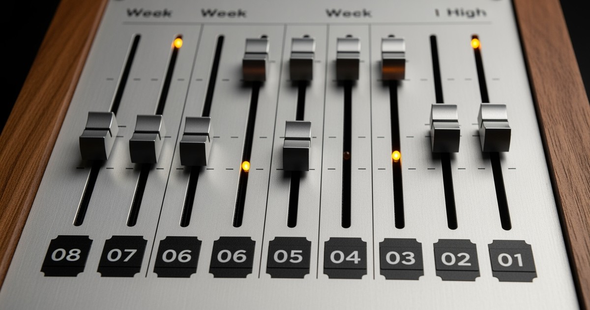 Extreme close-up of a vintage analog sequencer with eight numbered faders arranged in an ascending curve to symbolize an 8-week release