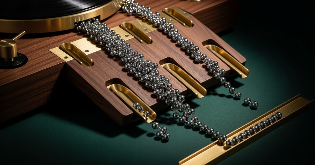 A close-up of a handcrafted wooden ramp mechanism where hundreds of silver steel balls roll down; most fall off the edges into darkness,
