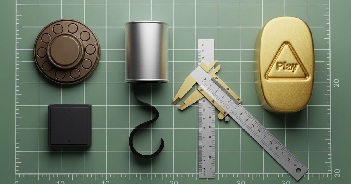 A flat-lay knolling photograph of a gold ingot stamped with a play button, a silver film canister, and a bronze TV dial arranged on a sage