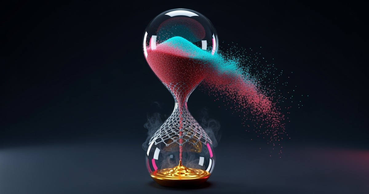 A surreal glass hourglass floating in a void; the top bulb is filled with swirling neon glitter that evaporates through cracks in the neck,