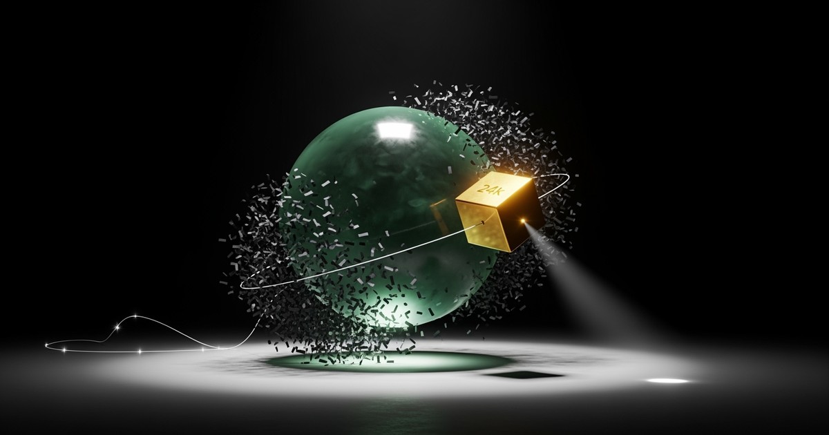 A conceptual 3D illustration of a massive translucent emerald sphere and a small, dense solid gold cube floating in a dark studio void,