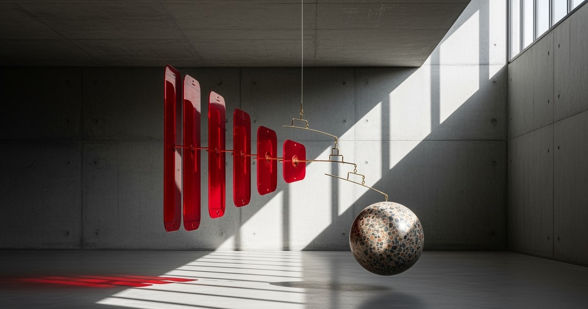 A kinetic sculpture in a sunlit concrete gallery featuring spinning vertical acrylic panes balancing a heavy stone sphere, symbolizing the