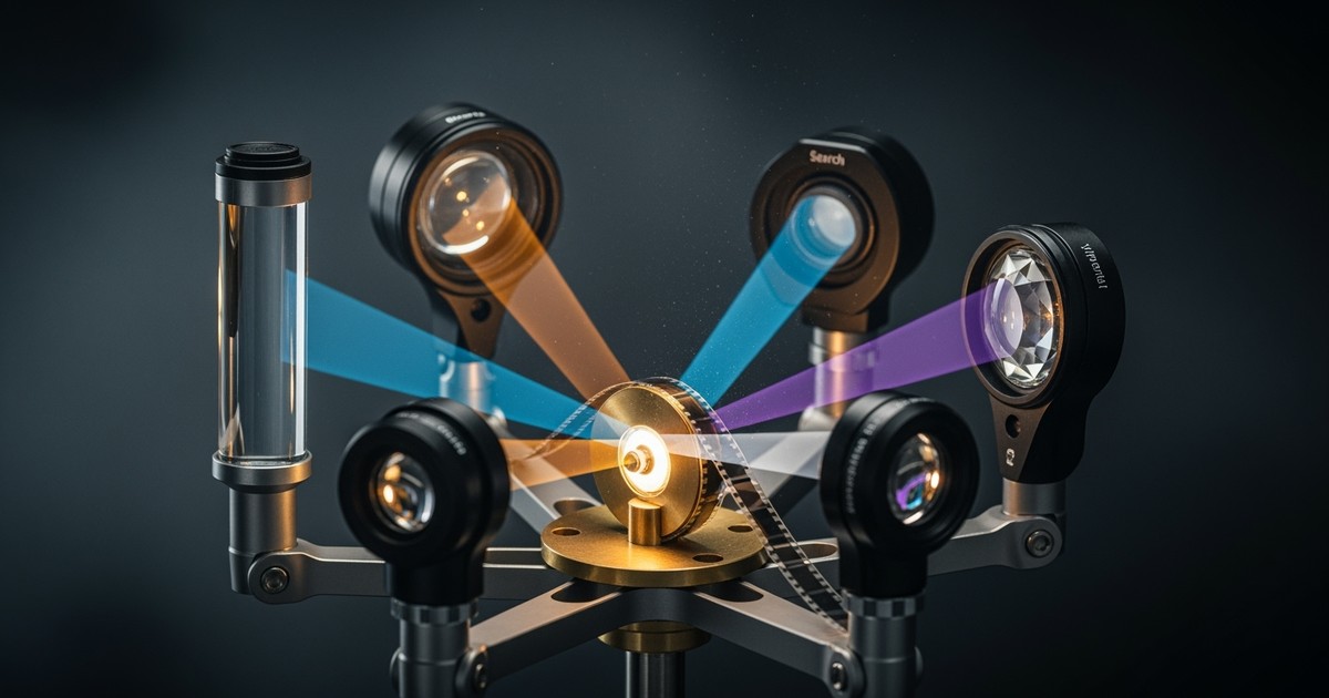 A cinematic macro shot of a complex optical sculpture where four glass lenses focus beams of colored light onto a spinning film loop.