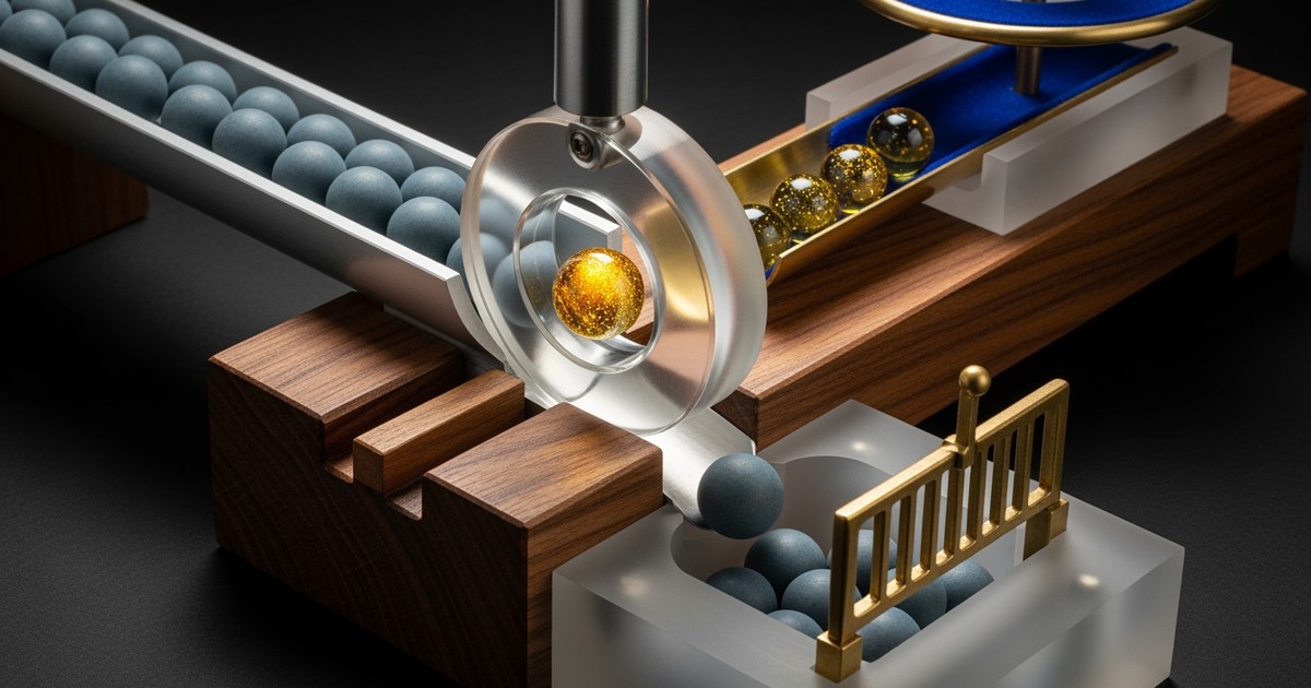 A photorealistic 3D render of a kinetic sculpture where slate-grey marbles pass through a glass ring, transforming into glowing liquid gold