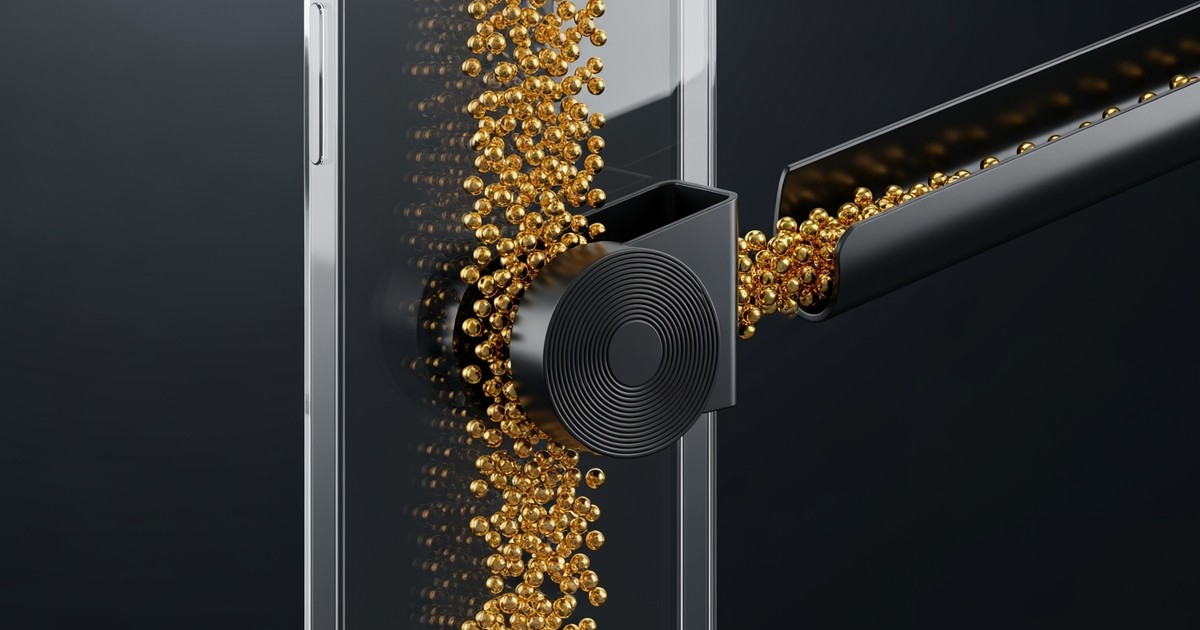 A vertical glass conduit channels falling gold spheres that are mechanically diverted by a vinyl-textured gate, visualizing music revenue
