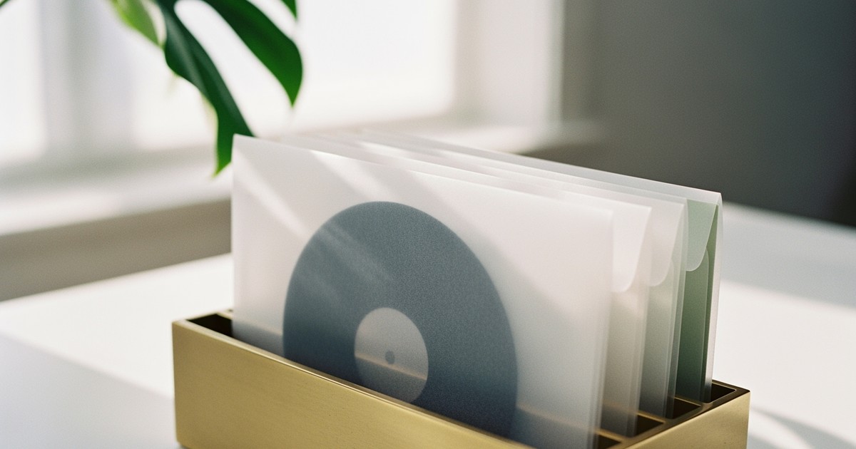 Macro shot of translucent vellum envelopes in a brass sorter, revealing vinyl record silhouettes inside, symbolizing organized music