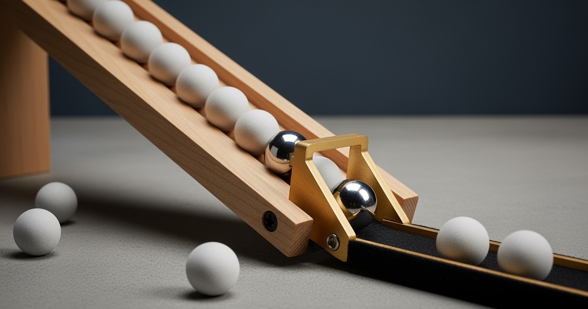 Close-up of a Bauhaus-style kinetic sculpture where a brass gate separates polished chrome spheres from a stream of matte white ones.