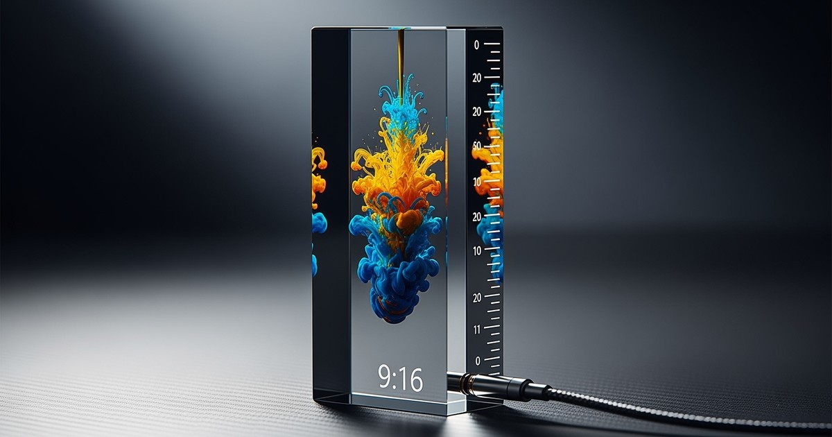 A vertical slab of optical glass stands on a textured dark surface, encasing a suspended burst of gold and electric blue liquid ink.