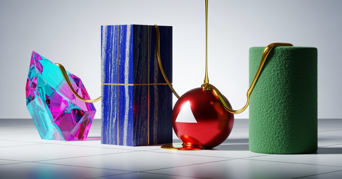 Four abstract geometric sculptures in dichroic glass, blue stone, red aluminum, and green felt stand on a white grid connected by a