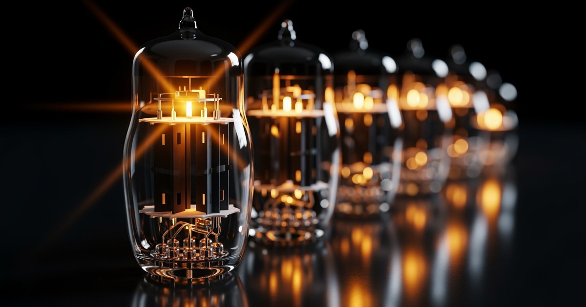 Macro photograph of a row of vintage amplifier vacuum tubes glowing at different intensities, with the largest tube emitting a bright