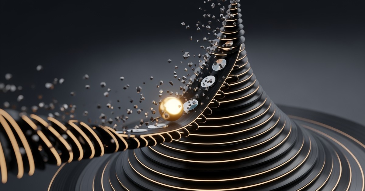 Macro 3D render of a kinetic sculpture featuring a gold sphere rolling up a spiral ramp made of stacked vinyl records, surrounded by
