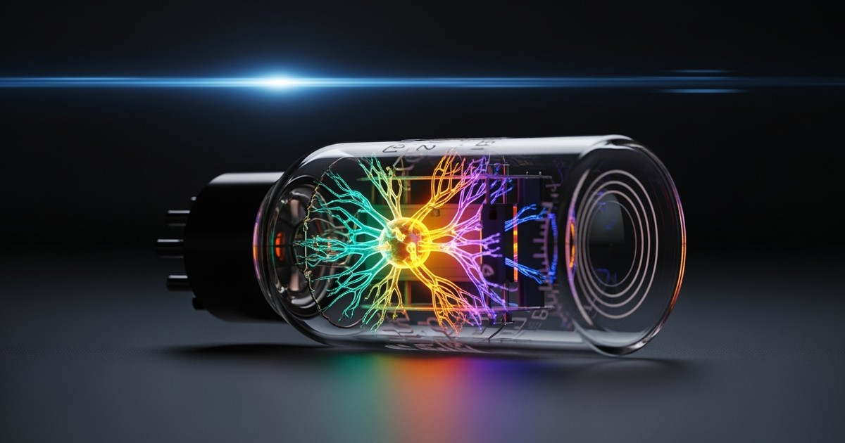 Macro photograph of a futuristic glass amplifier tube containing a glowing, branching filament network of gold and teal light.