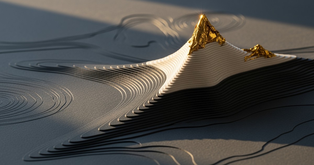 A conceptual paper-art landscape where a vast, dark grey plain represents millions of unpaid tracks, contrasted by a steep, glowing gold