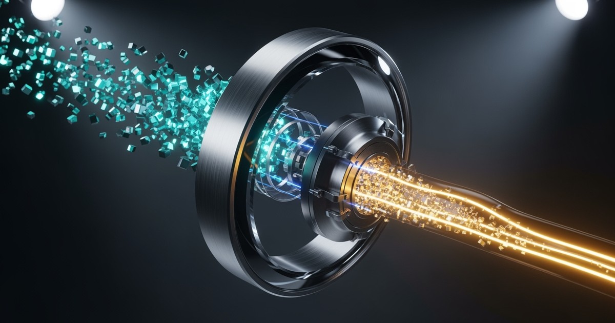 A 3D abstract render showing a jagged cloud of particles passing through a sleek floating ring and emerging as a smooth, glowing beam of