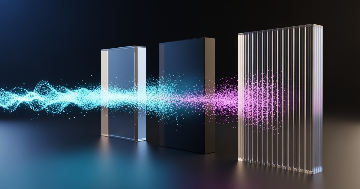 Three abstract glass gateways filtering a stream of glowing musical data particles; one portal refracts the light into a spectrum, while