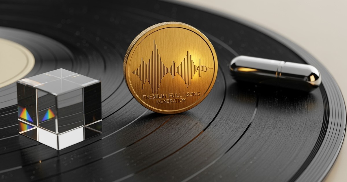 Three distinct, premium tokens—one gold, one glass, one chrome—resting on the grooved surface of a vinyl record, symbolizing the commercial