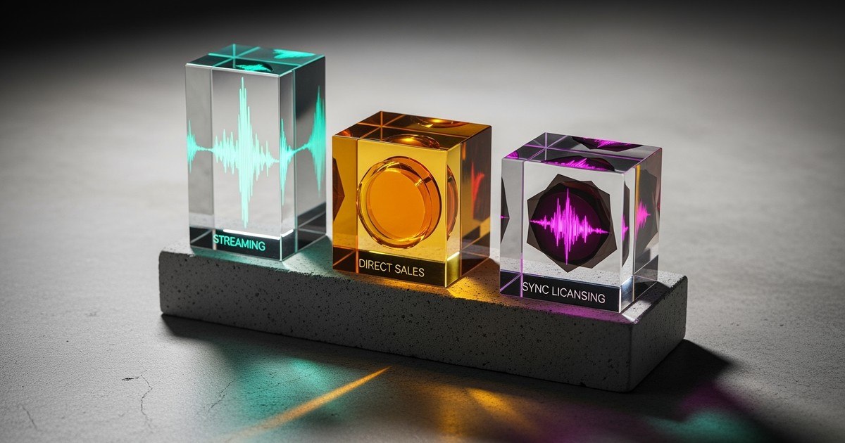 Three translucent acrylic prisms containing glowing 3D soundwaves rest on a raw concrete pedestal, representing music as a premium sellable