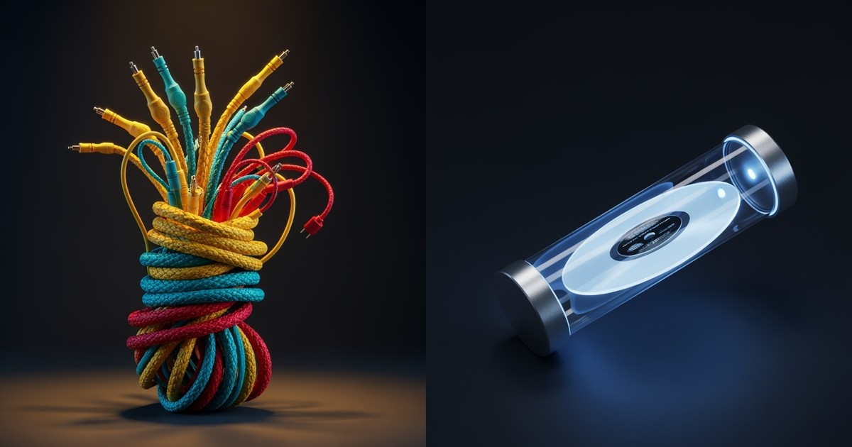 Studio still life comparing a chaotic knot of colorful audio patch cables on the left with a pristine, floating record sealed inside a