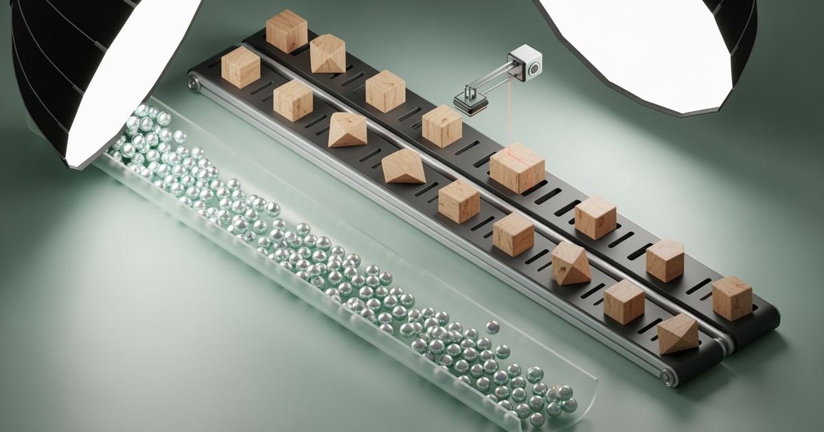 A 3D kinetic sculpture featuring two parallel tracks: one a wide, smooth glass chute allowing a stream of glowing iridescent spheres to