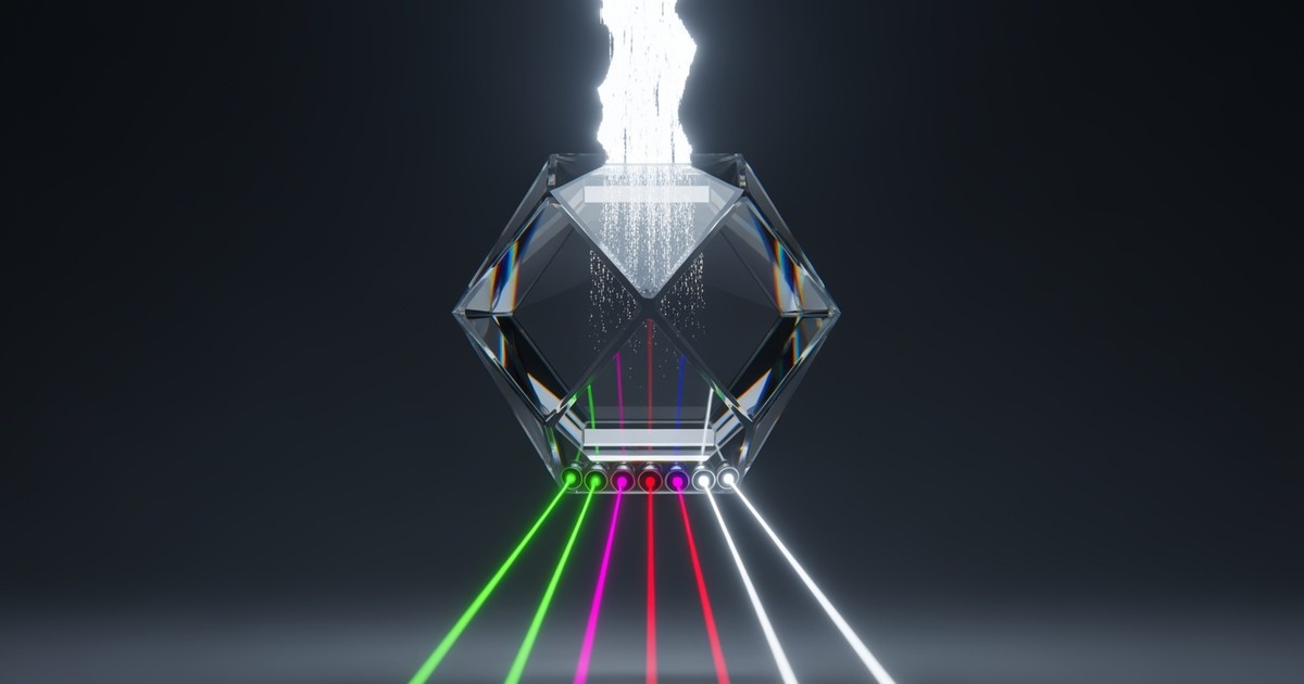 A floating dichroic glass prism splits a chaotic beam of glitchy light into five distinct, parallel laser streams in green, pink, and red.