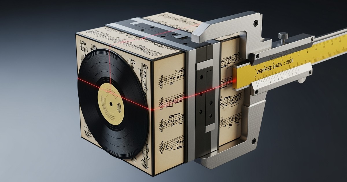A hyper-realistic close-up of a cube made of layered vinyl records and sheet music, held by a high-tech gold and aluminum caliper,