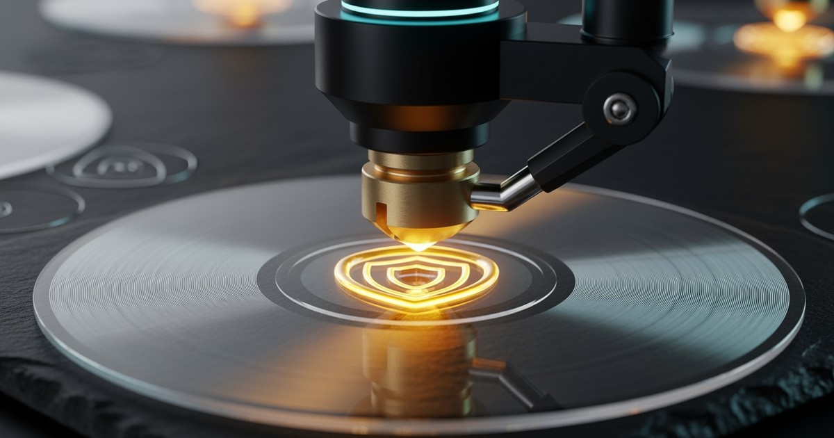 A close-up of a mechanical arm stamping a glowing molten gold seal onto a transparent glass music disc, symbolizing commercial licensing.