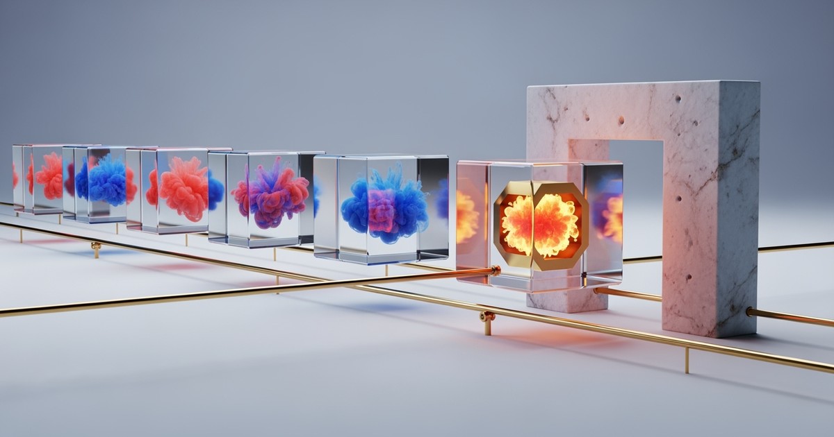 Surreal 3D render of glass cubes containing swirling colorful vapor floating along brass rails through a white minimalist archway.