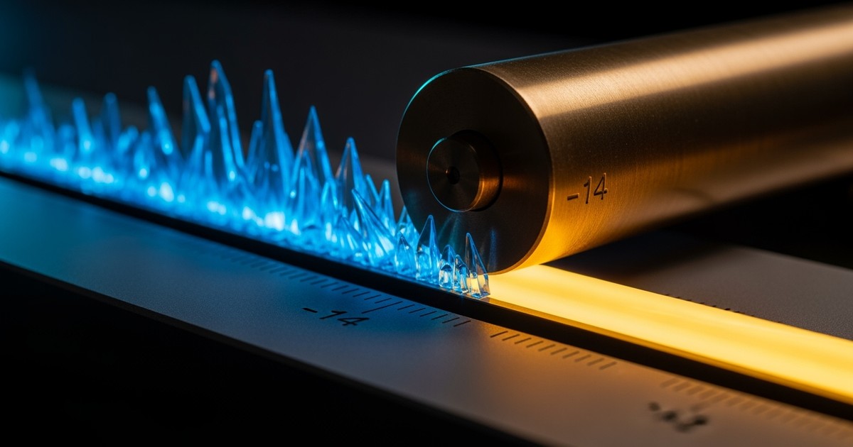 A jagged blue crystal ribbon passes under a brass roller, emerging as a smooth amber beam to visualize the audio mastering process.