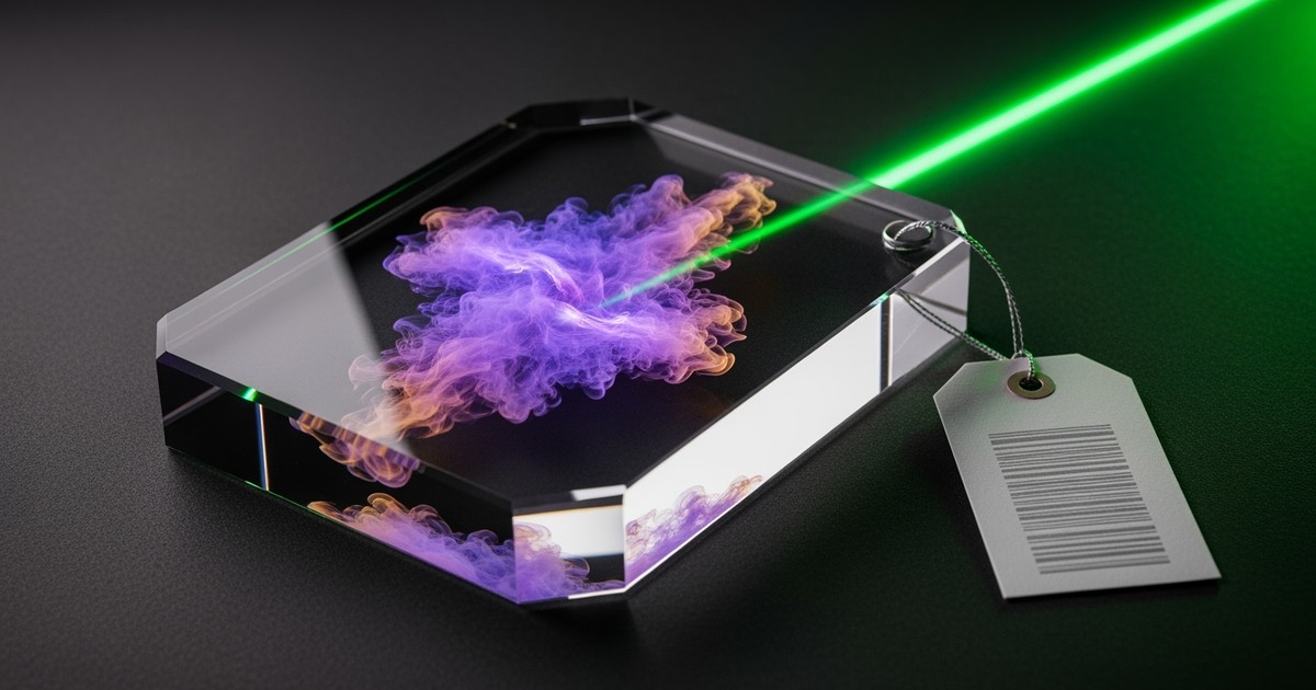 Close-up macro shot of a thick optical glass slab containing swirling violet vapor, illuminated by a precise beam of neon green light on a