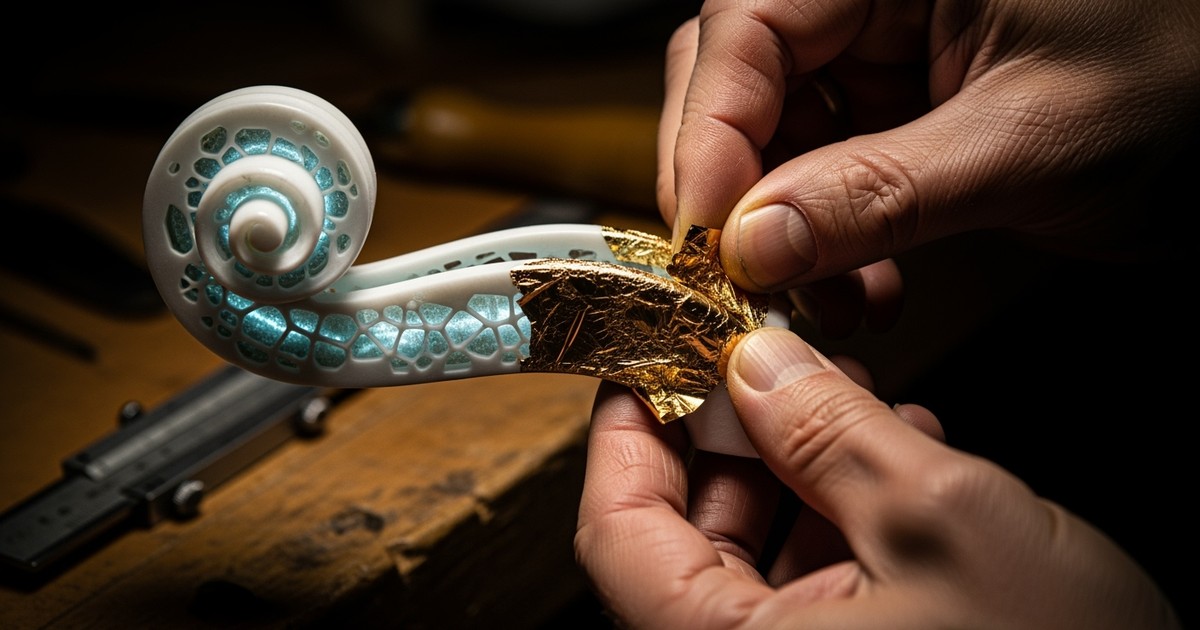 Close-up of human hands applying gold leaf to a translucent, 3D-printed violin scroll with a glowing internal lattice structure.