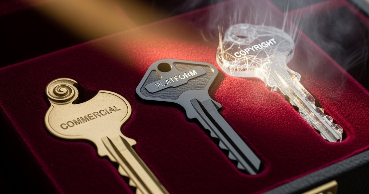 Close-up of three symbolic keys resting on deep red velvet: one solid brass, one matte black, and one dissolving into mist.