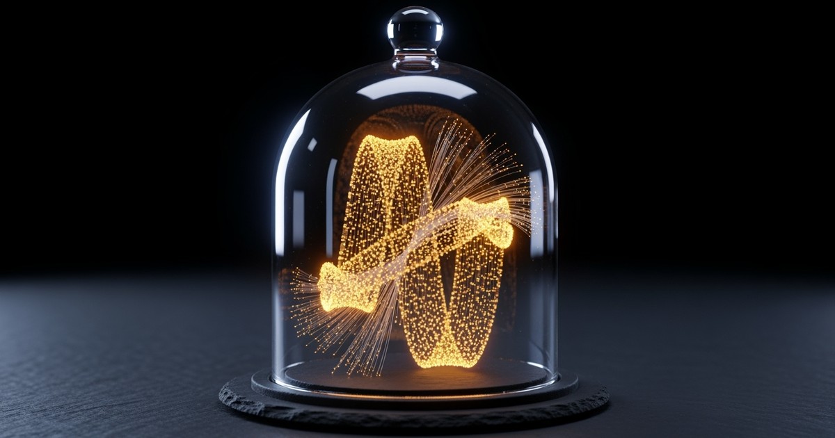 A glowing, digital audio waveform made of golden voxels is trapped inside a heavy, sealed glass bell jar on a dark slate surface.
