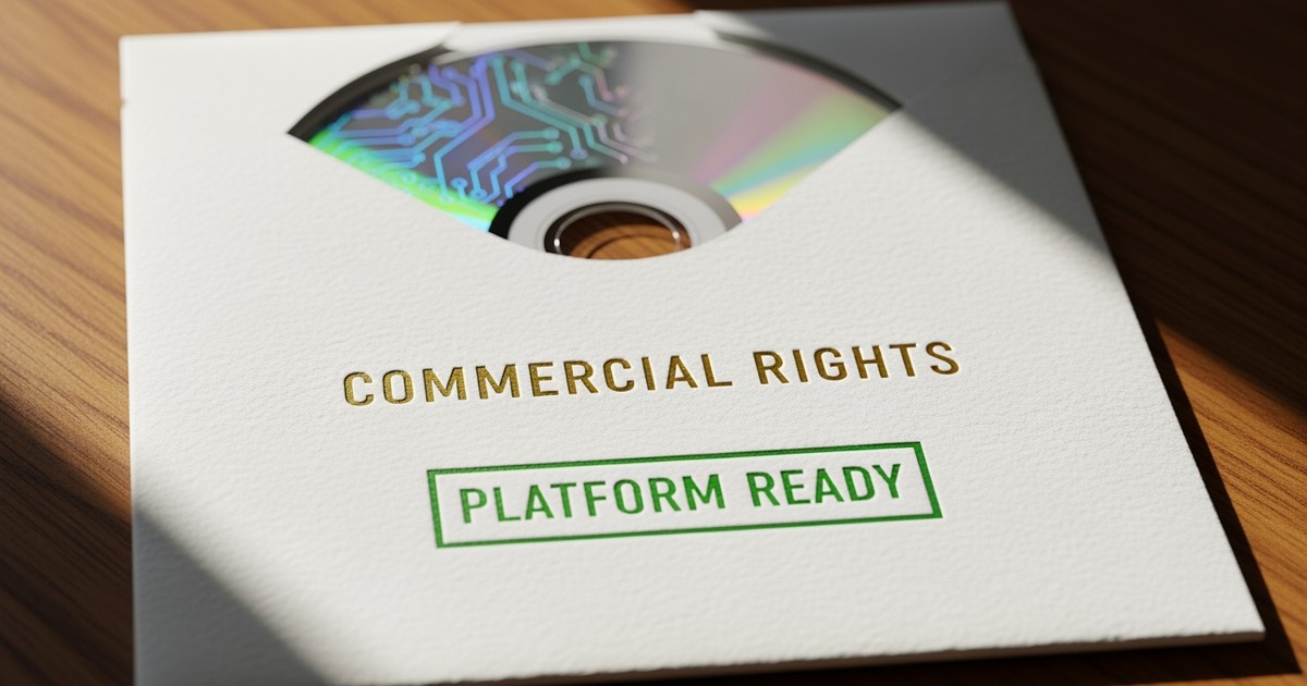 Close-up of a premium white music sleeve with gold foil 'COMMERCIAL RIGHTS' text and a green 'PLATFORM READY' stamp, bathed in warm