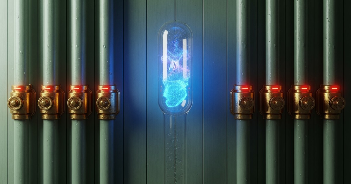 A retro-futurist pneumatic tube station where a glowing capsule of digital light shoots through an open pipe, while adjacent tubes remain