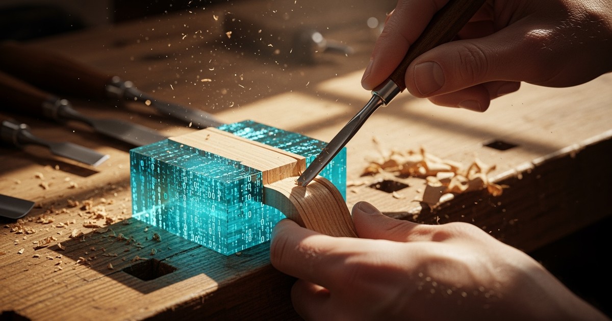 Close-up of human hands carving a violin scroll out of a glowing block of digital circuitry, revealing organic wood grain beneath the tech
