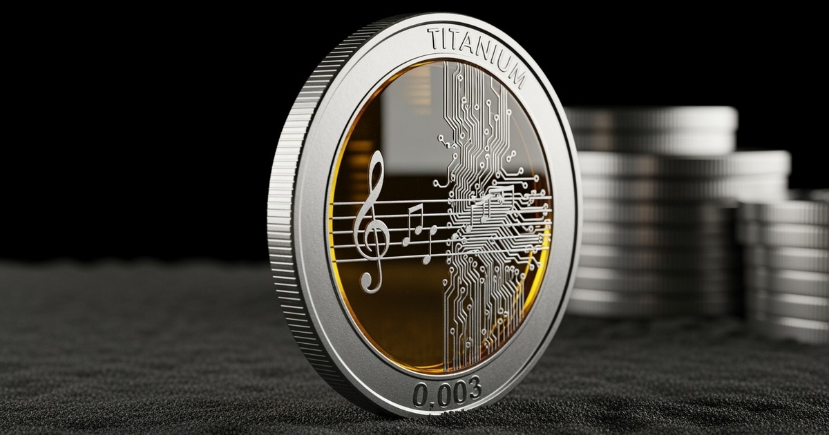Macro photograph of a conceptual coin with circuit-board engravings and the text '0.003' stamped on the rim, resting on dark acoustic foam.