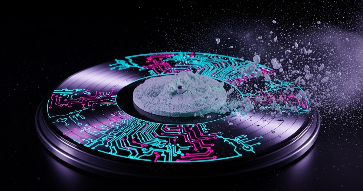 A high-speed macro photograph of a spinning record made of neon powder disintegrating into a cloud of dust, symbolizing uncontainable AI