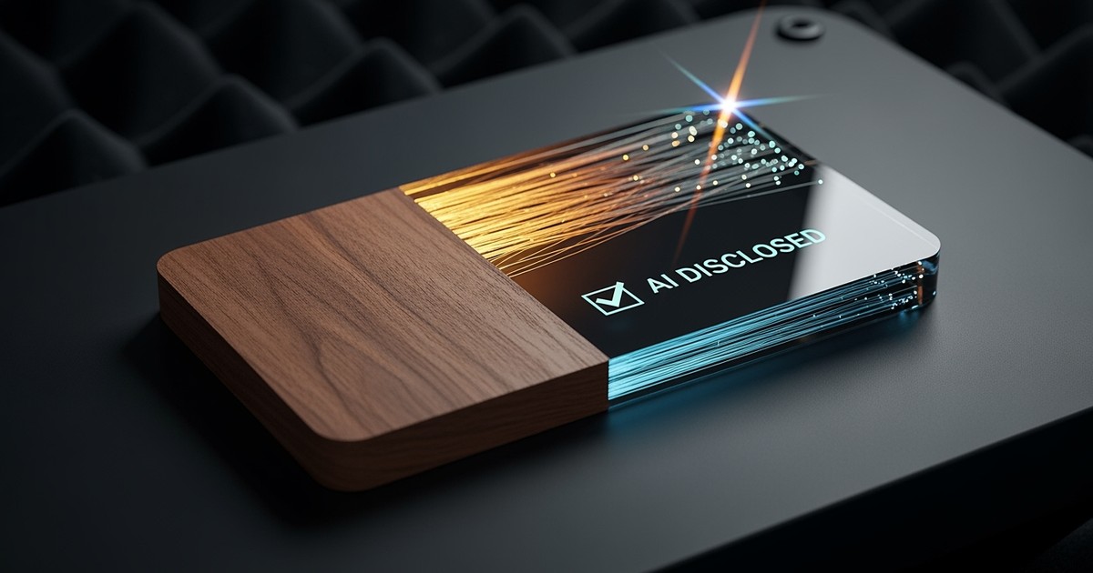 A close-up of a futuristic 'music cartridge' blending wood and glass, featuring a glowing green checkbox labeled AI DISCLOSED.