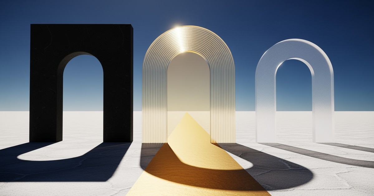 Surreal architectural landscape with a transparent amber glass archway casting a bright path next to a solid, opaque black stone archway