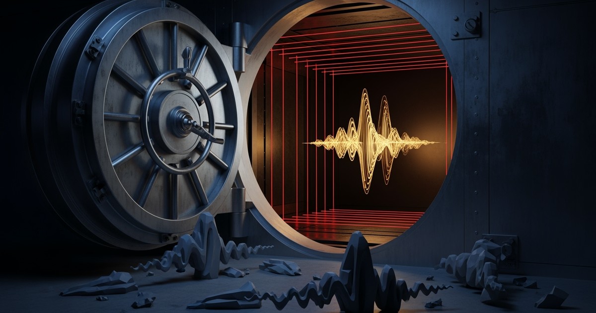 A heavy steel vault door opens to reveal a glowing golden soundwave protected by red lasers, contrasting with broken grey replicas on the