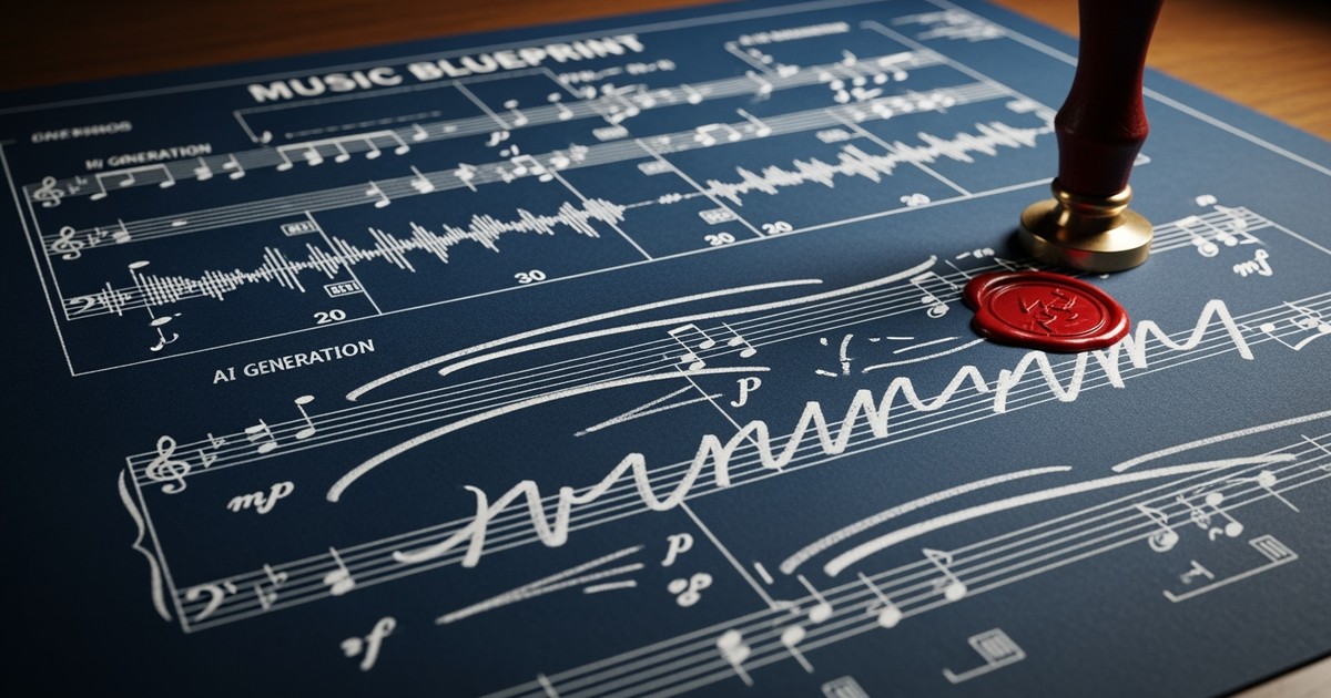 Close-up of a deep blue architectural blueprint for a song, where faint mechanical grids are overlaid with bold, hand-drawn white chalk