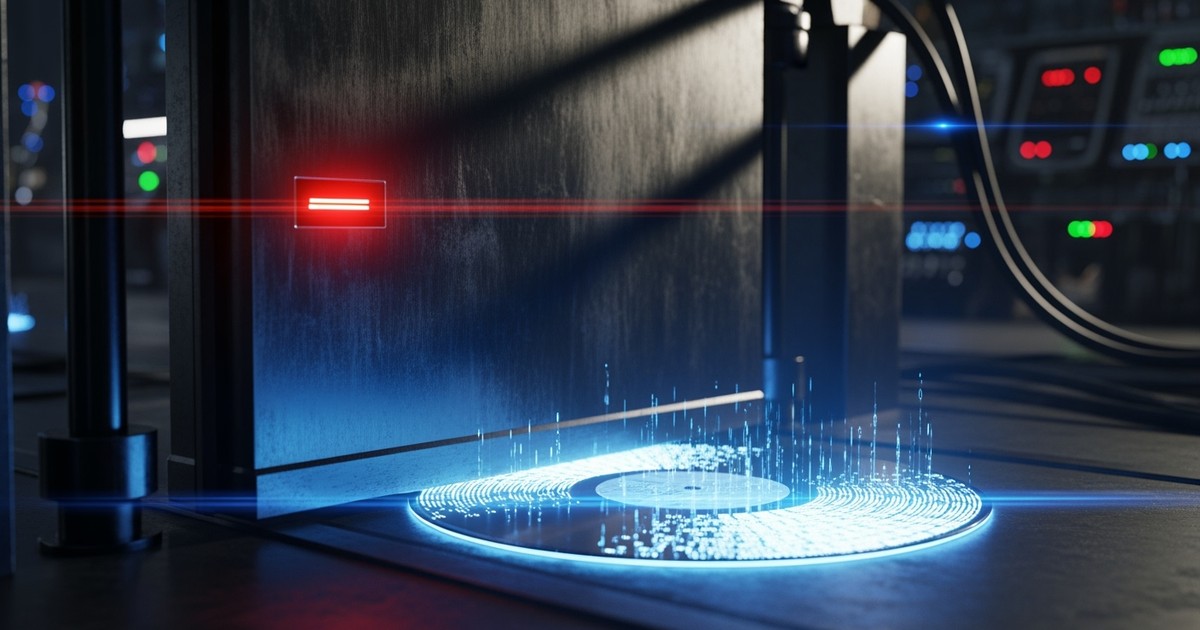An industrial metal barrier with a glowing red rejection light blocks a translucent, pulsating blue digital vinyl record on a dark