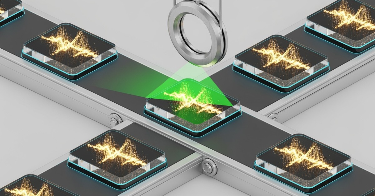 A futuristic conveyor belt carrying transparent glass data-slates etched with musical waveforms, passing under a green verification laser.