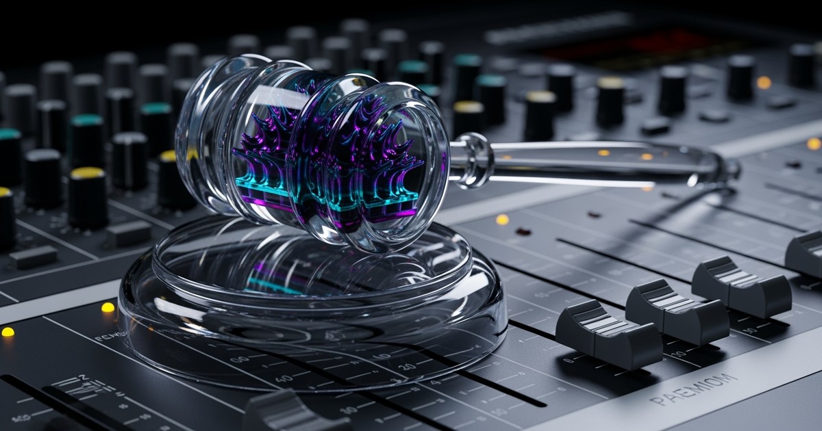 A translucent glass gavel filled with swirling iridescent fluid rests on a metallic audio mixing console, symbolizing the legal regulation