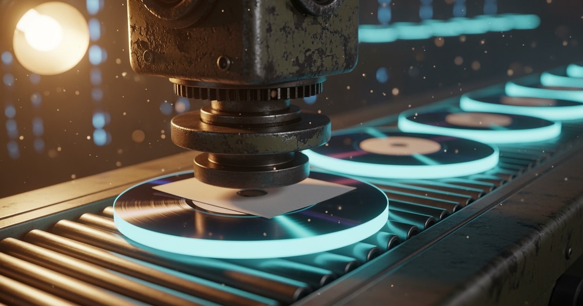 A close-up of a futuristic record pressing plant where a weathered industrial machine stamps a label onto a glowing, translucent glass disc.