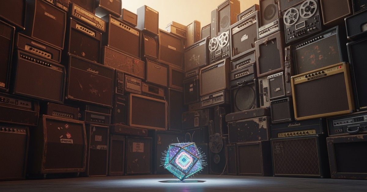 A glowing, futuristic glass geometric shape sits on the ground outside a towering barricade made of stacked vintage instrument cases and