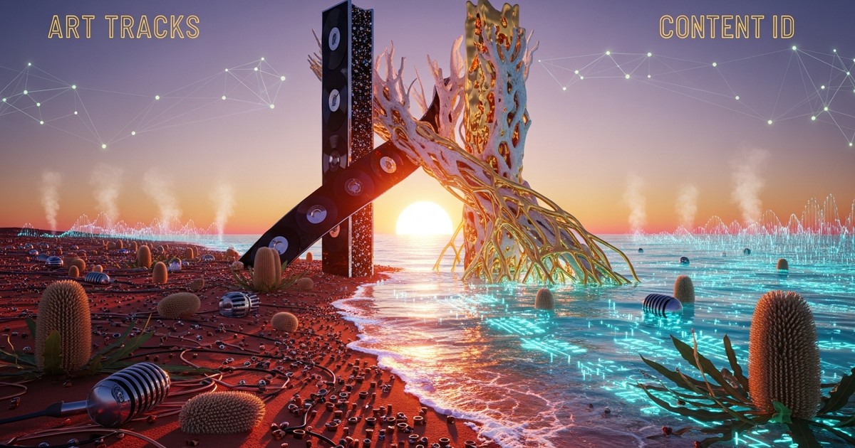 A surreal, cinematic landscape merging the Australian Outback with a bioluminescent coral reef, featuring structures made of gold and vinyl