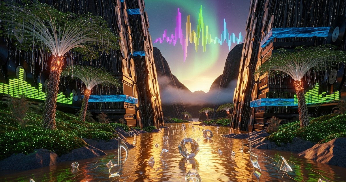 Surreal digital art landscape of New Zealand's Milford Sound where mountains are made of vinyl records and a river of liquid gold flows.