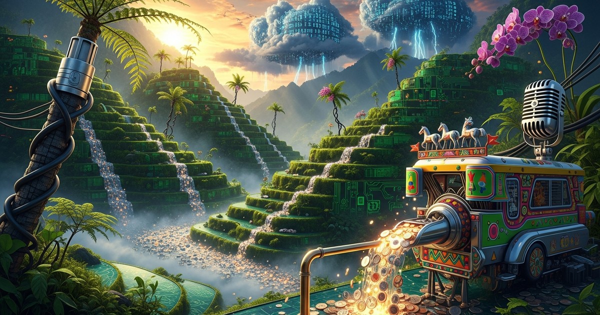 A surreal digital landscape depicting the Banaue Rice Terraces transformed into glowing circuit boards, where a torrential rain of golden